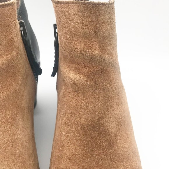 SOREL Nadia Peep Toe Suede Tan Black Block Heeled Ankle Booties Womens 8.5 - Picture 8 of 13